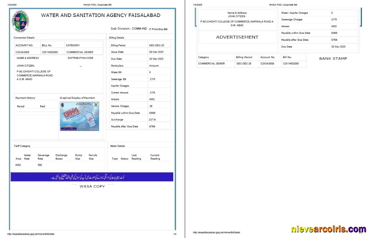 Pakistan WASA utility bill, 2 pages